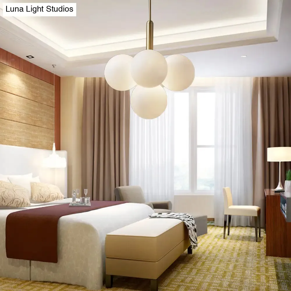 Contemporary White Glass Chandelier Lamp – 5/13 Lights Brass Pendant Light with Spherical Design