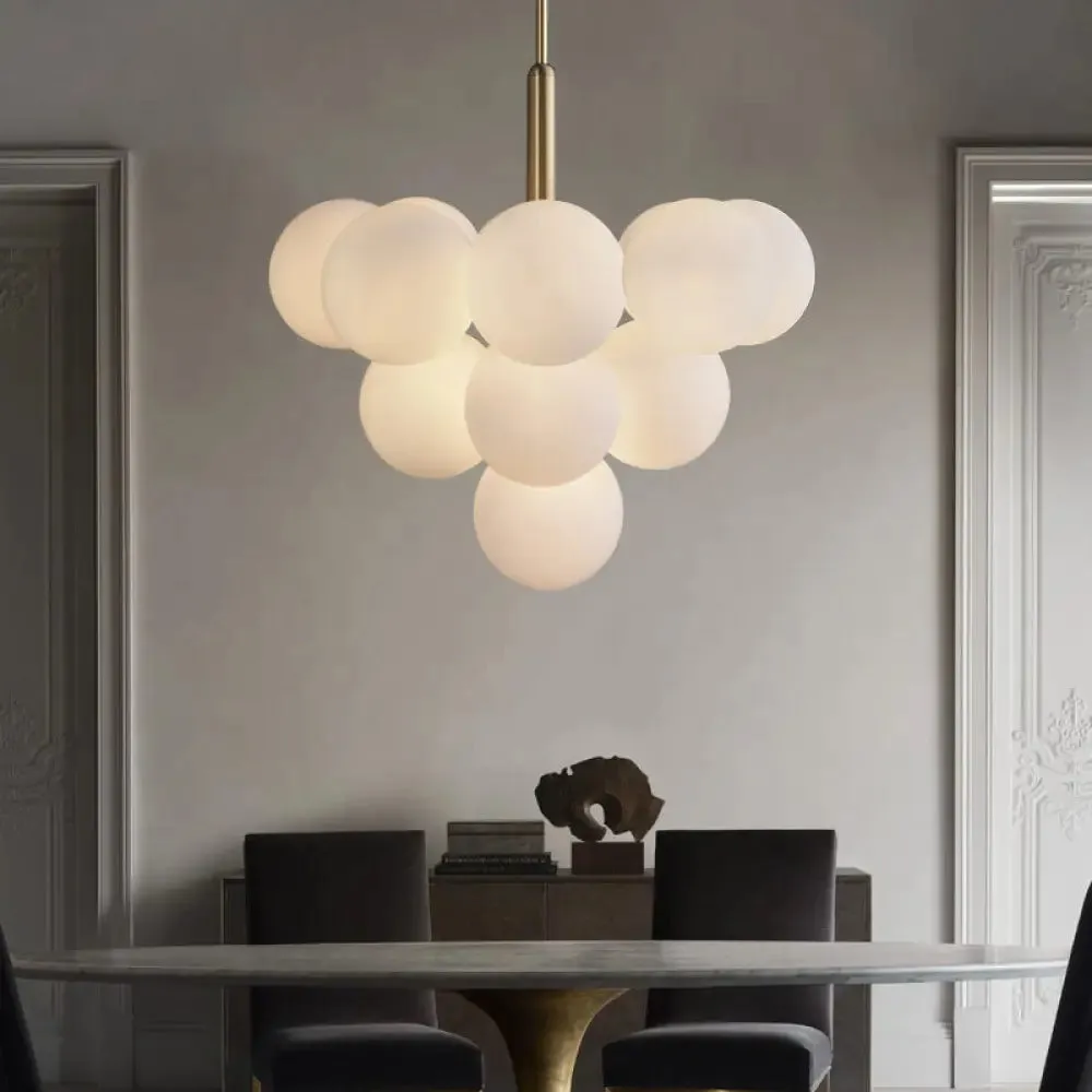 Contemporary White Glass Chandelier Lamp – 5/13 Lights Brass Pendant Light with Spherical Design