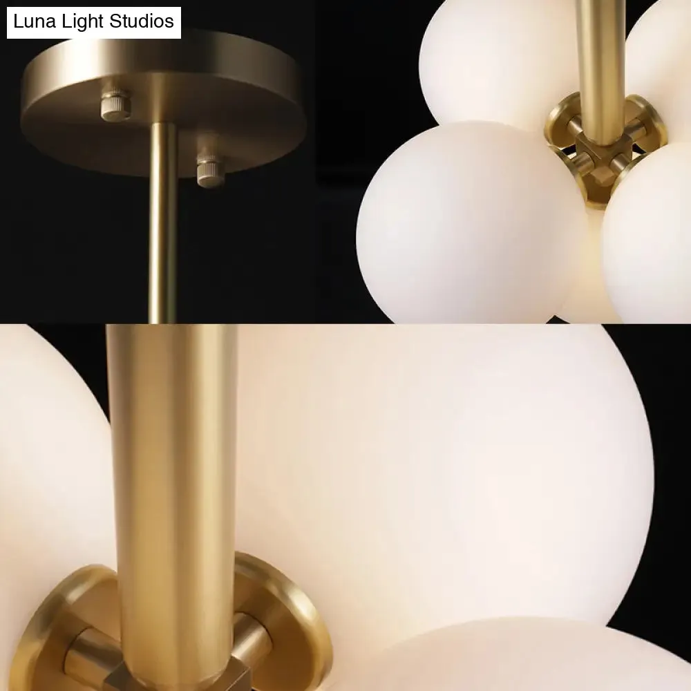 Contemporary White Glass Chandelier Lamp – 5/13 Lights Brass Pendant Light with Spherical Design