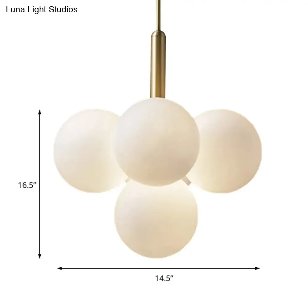 Contemporary White Glass Chandelier Lamp – 5/13 Lights Brass Pendant Light with Spherical Design