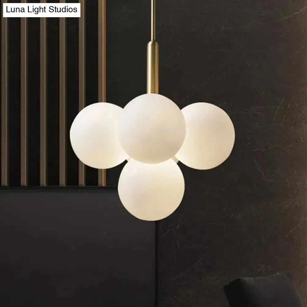 Contemporary White Glass Chandelier Lamp – 5/13 Lights Brass Pendant Light with Spherical Design