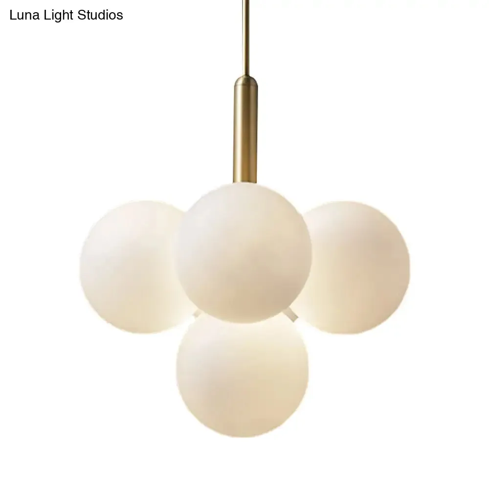 Contemporary White Glass Chandelier Lamp – 5/13 Lights Brass Pendant Light with Spherical Design