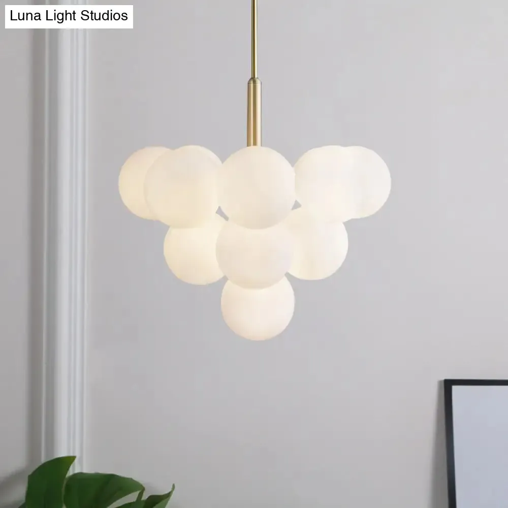 Contemporary White Glass Chandelier Lamp – 5/13 Lights Brass Pendant Light with Spherical Design