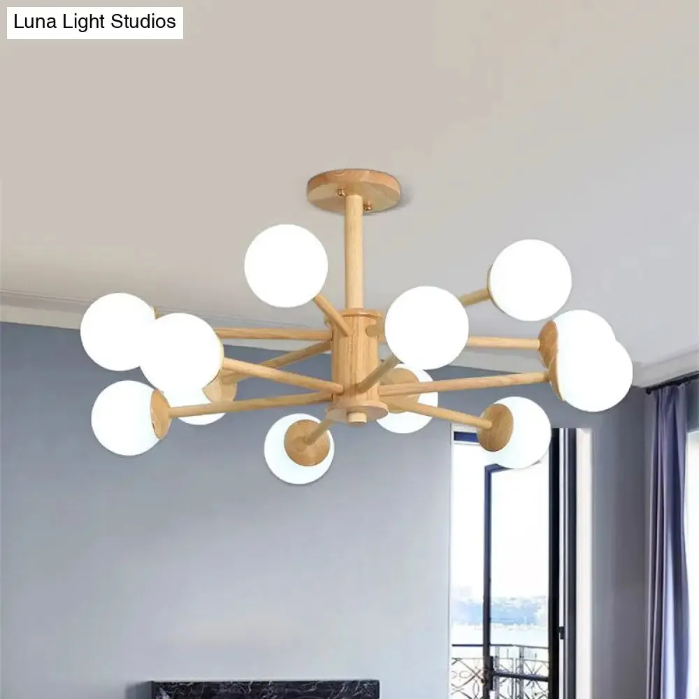 Contemporary Wooden Starburst Chandelier with Glass Ball Shade - Natural Wood Finish - 6/8/12 Lights