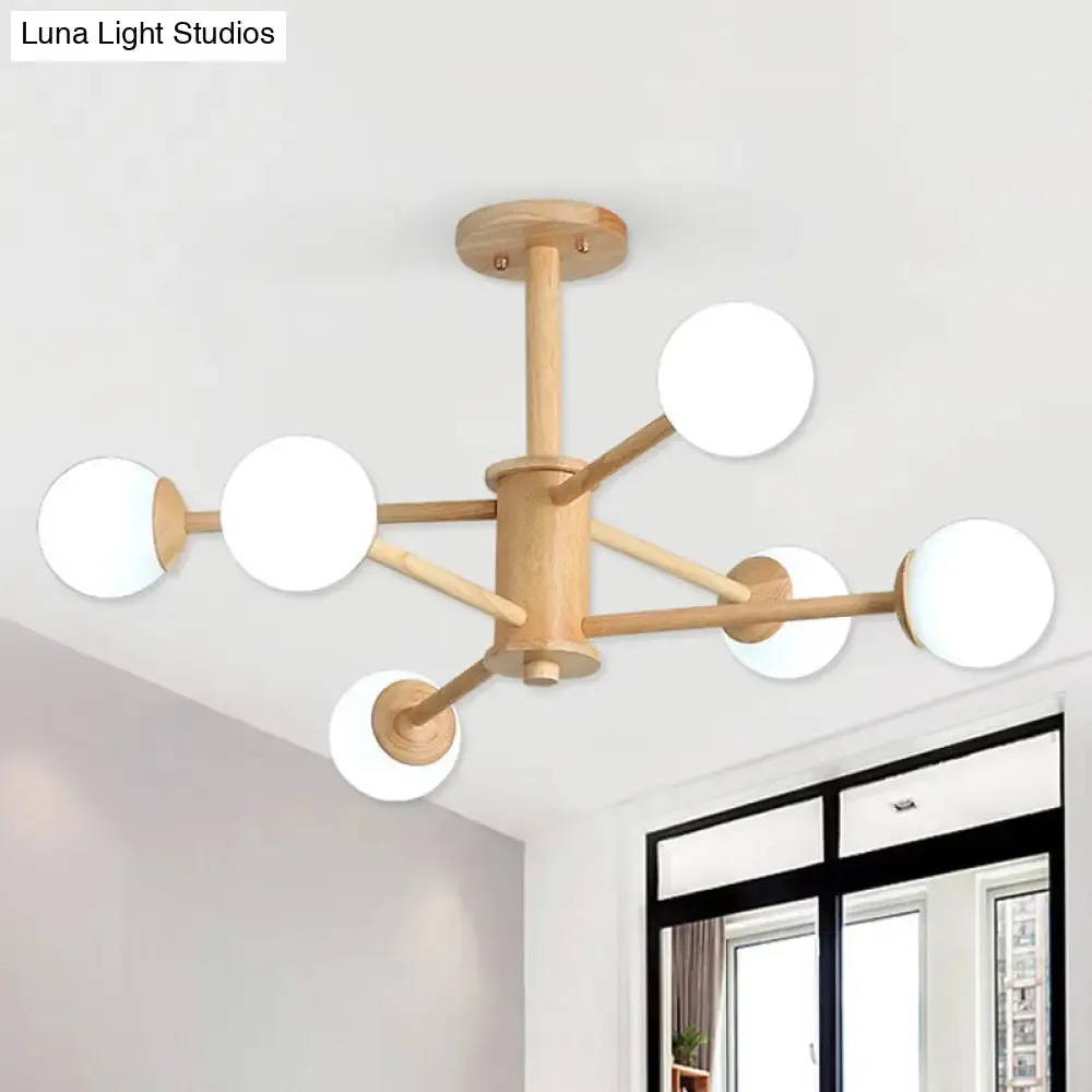 Contemporary Wooden Starburst Chandelier with Glass Ball Shade - Natural Wood Finish - 6/8/12 Lights