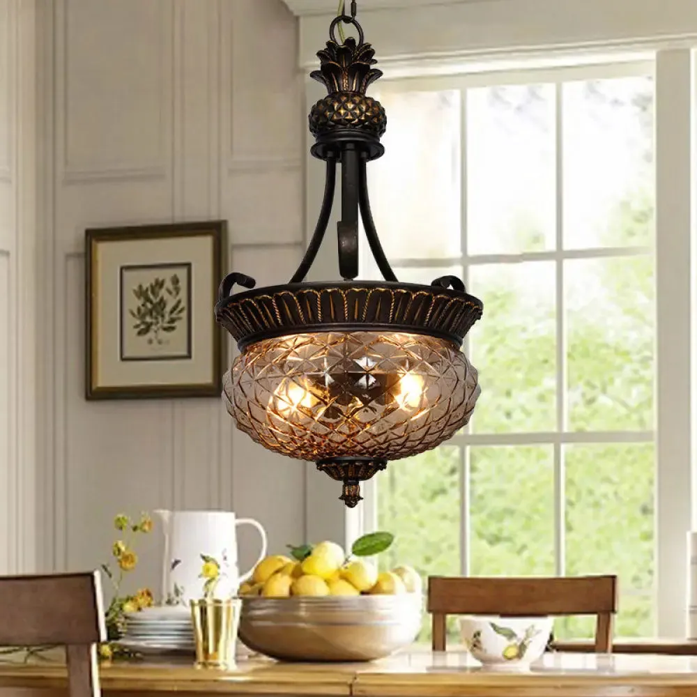 Country Black Chandelier Pendant Light with Clear Prismatic Glass Shade - 2-Light Dining Room Suspension Lamp