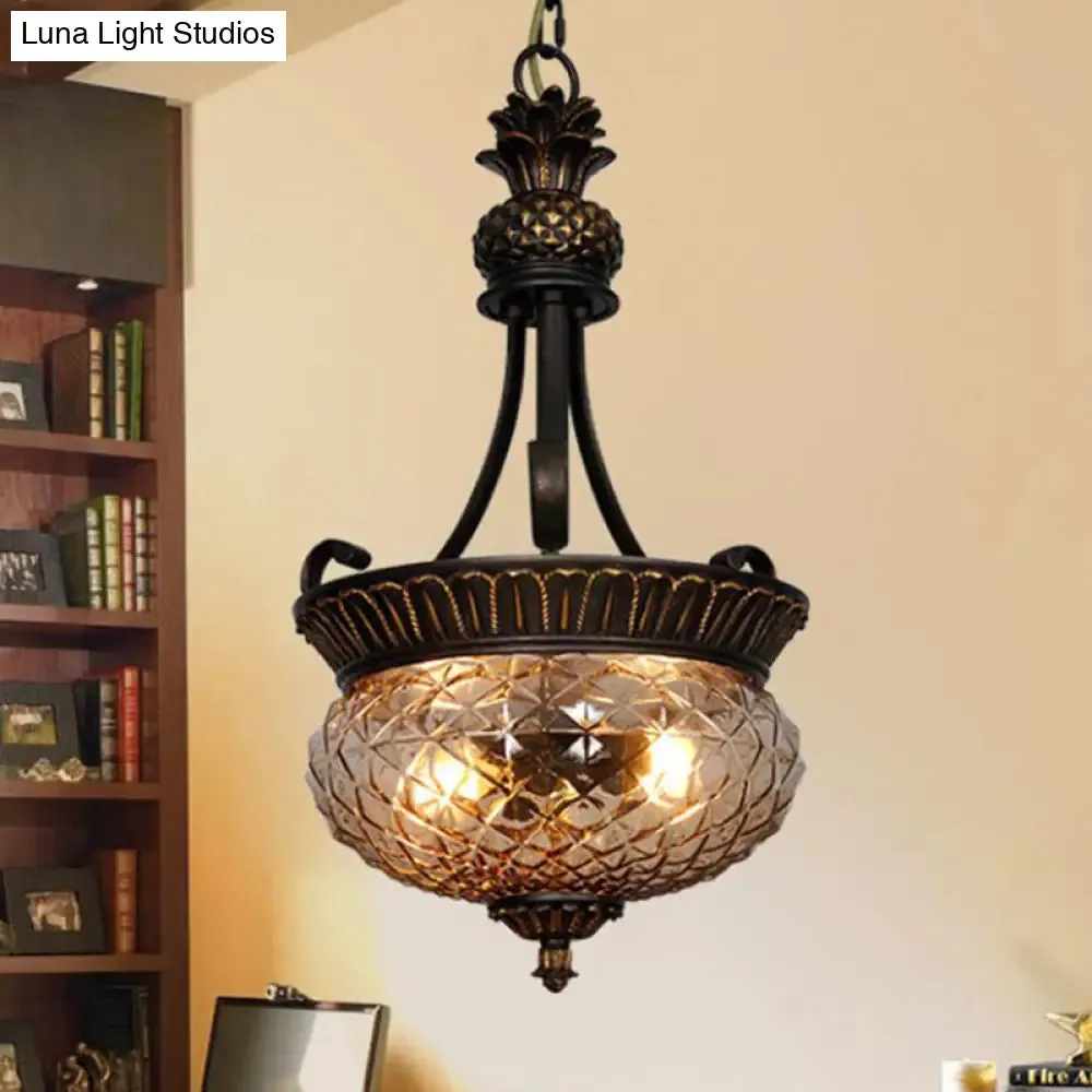 Country Black Chandelier Pendant Light with Clear Prismatic Glass Shade - 2-Light Dining Room Suspension Lamp