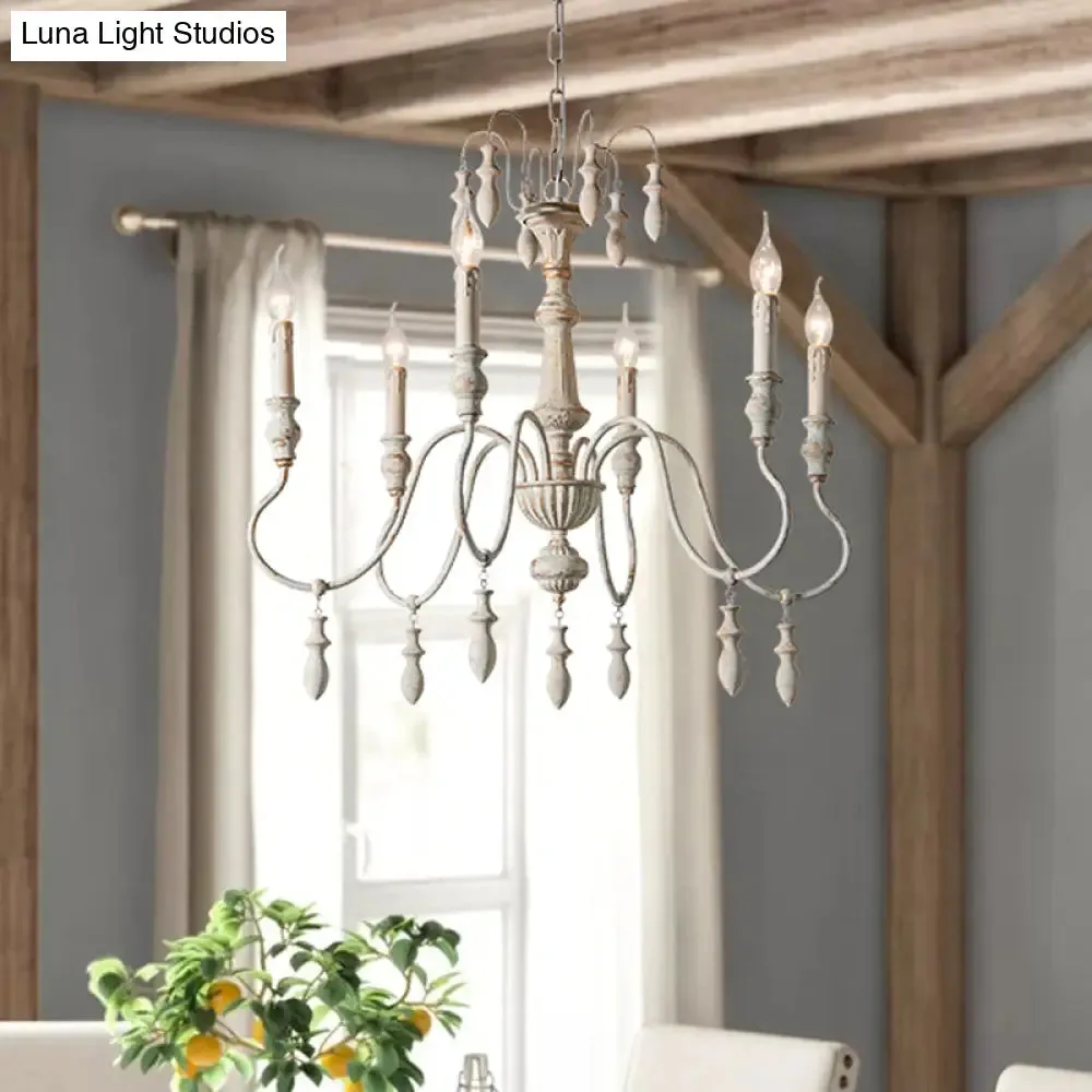 Country Distressed White Wood Chandelier Lighting - 6 Heads, Swooping Arm, Ceiling-Hung