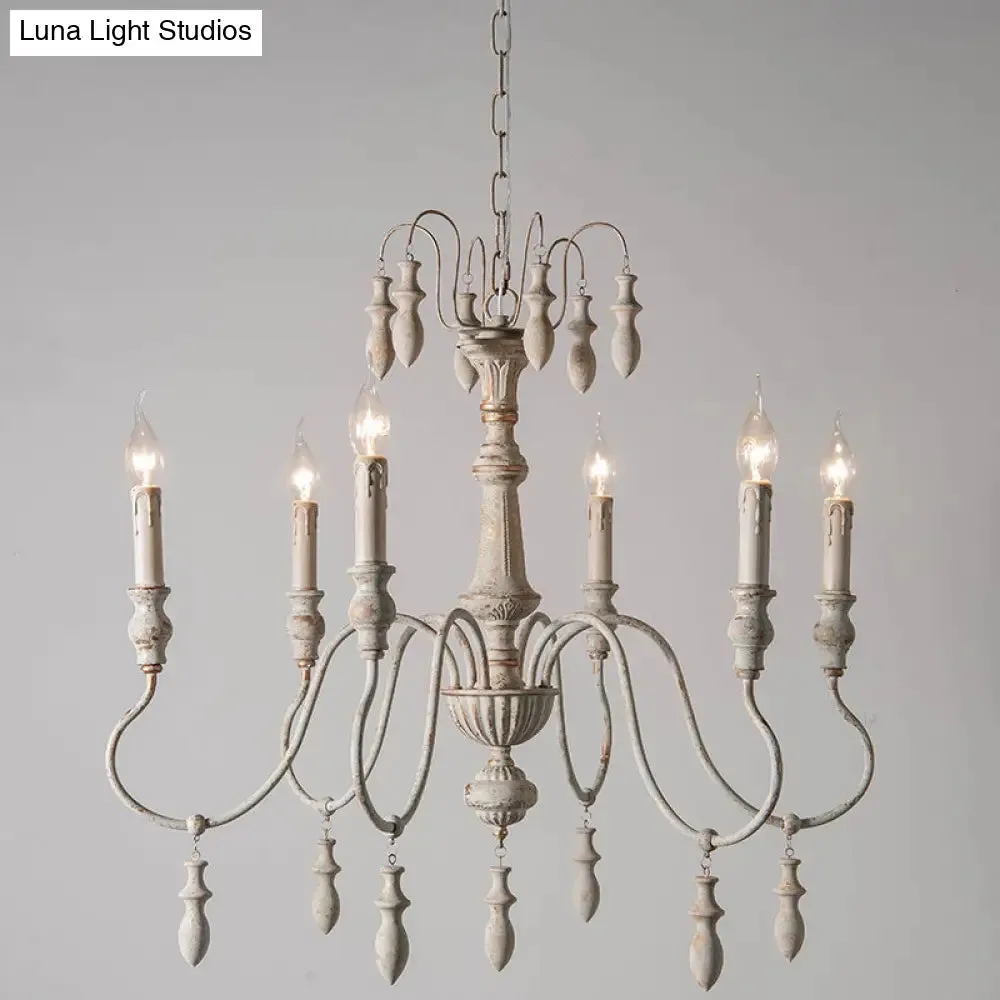 Country Distressed White Wood Chandelier Lighting - 6 Heads, Swooping Arm, Ceiling-Hung