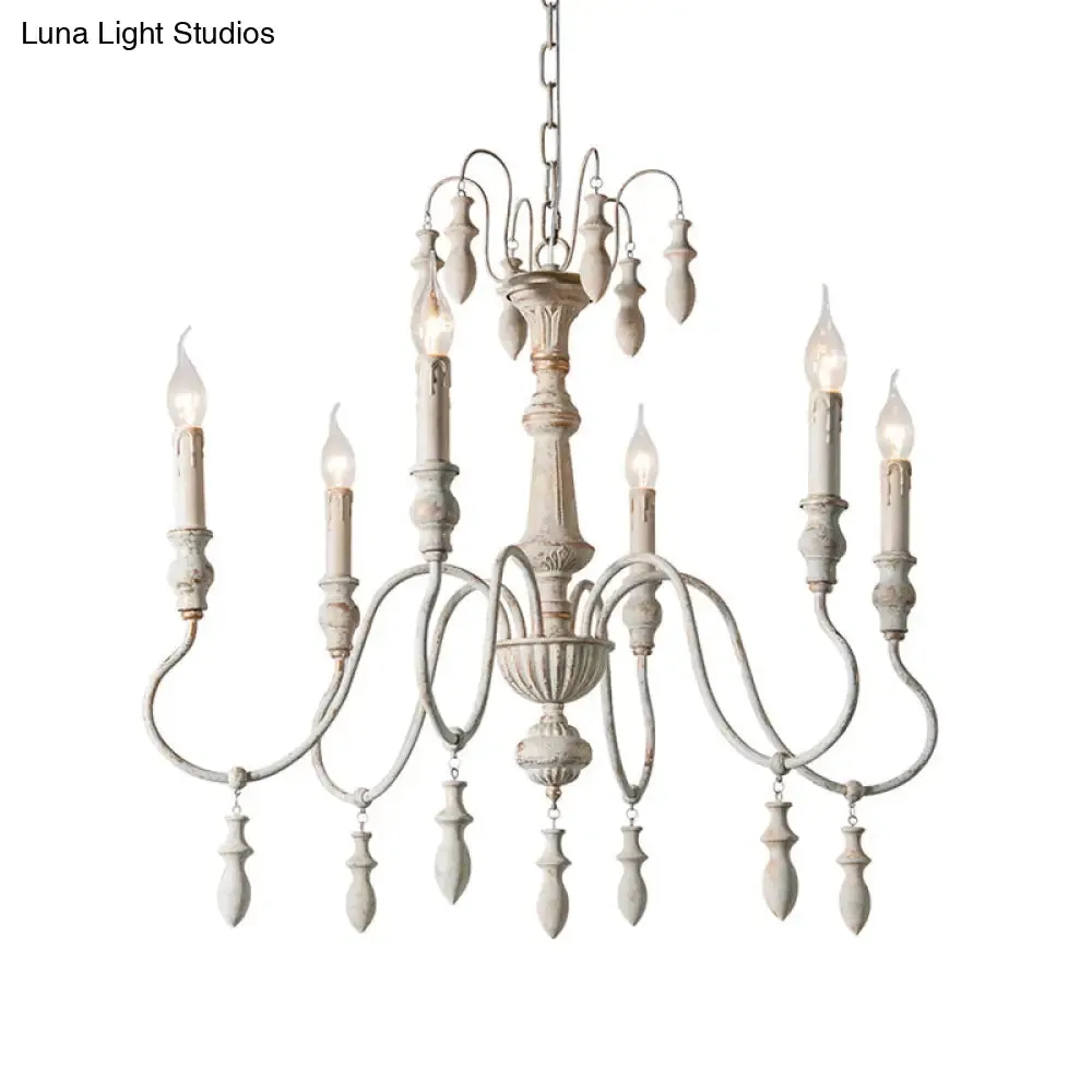 Country Distressed White Wood Chandelier Lighting - 6 Heads, Swooping Arm, Ceiling-Hung