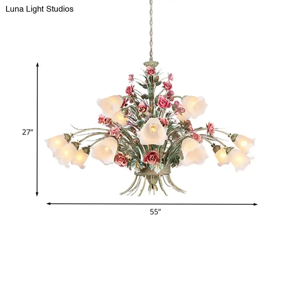 Country Style Metal Chandelier with Curving Arm - 16-Bulb LED Flower Pendant Light, Green - Ideal for Living Room Lighting