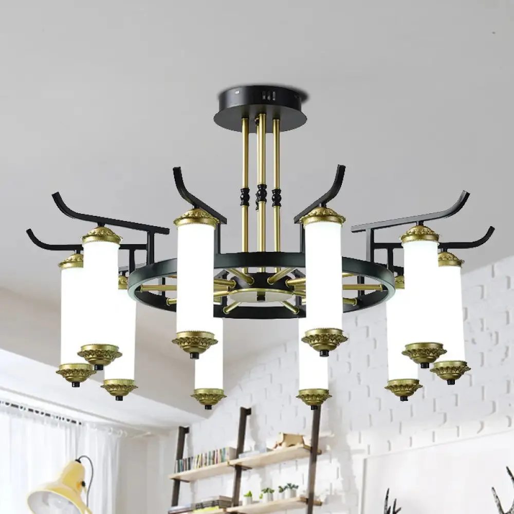 Countryside Column Frosted Glass 8/10-Bulb Chandelier in Black-Gold Finish