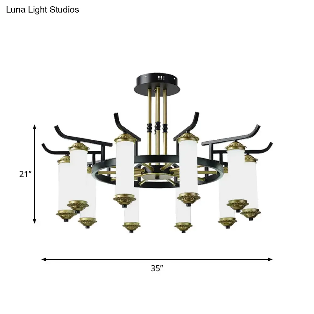 Countryside Column Frosted Glass 8/10-Bulb Chandelier in Black-Gold Finish