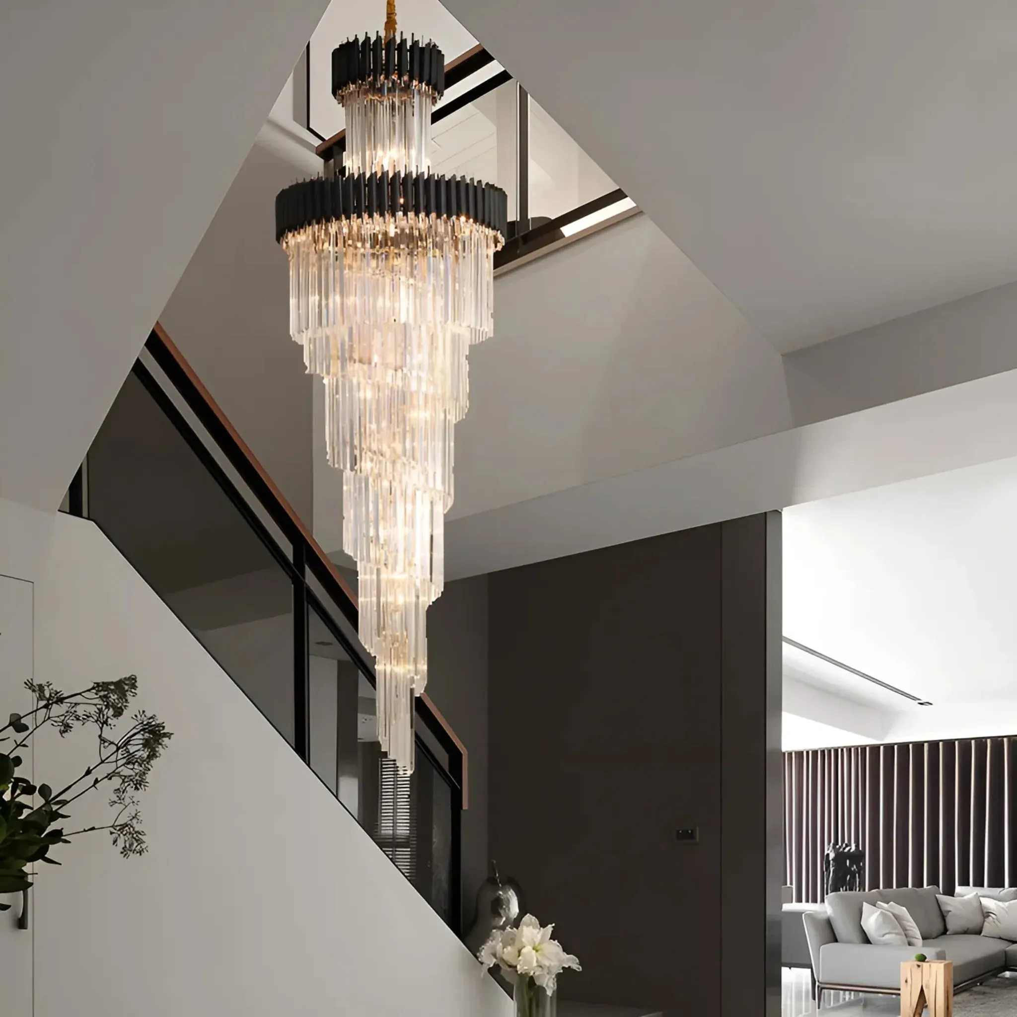 Crystal Black Designer LED Chandelier for lobby, foyer, staircase, living room, Black, 23.6'', Dimmable, Cool Light