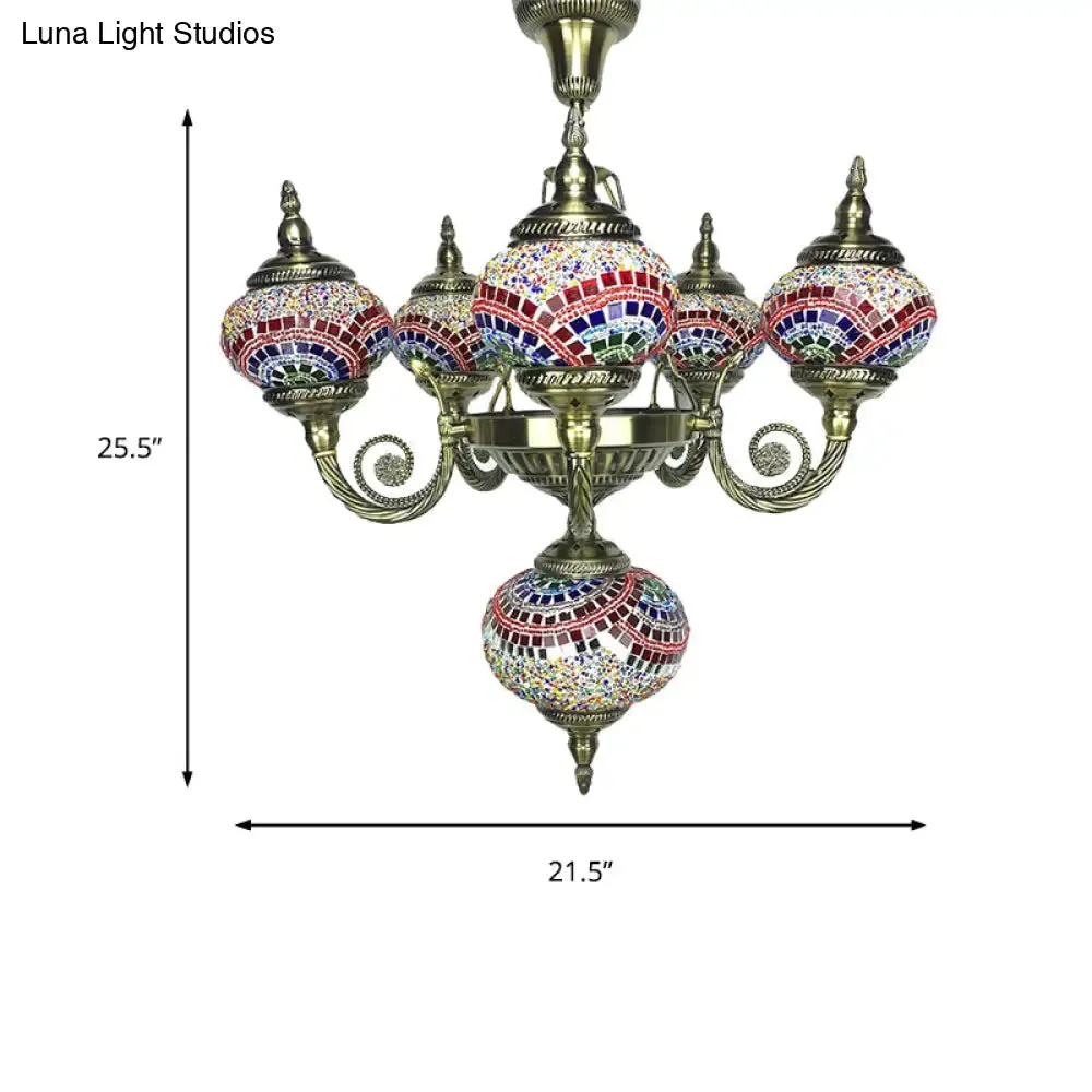 Curved Arm Pendant Chandelier: Traditional Red/Blue/Orange Red Glass, 6-Bulb Hanging Light Fixture for Coffee Shop