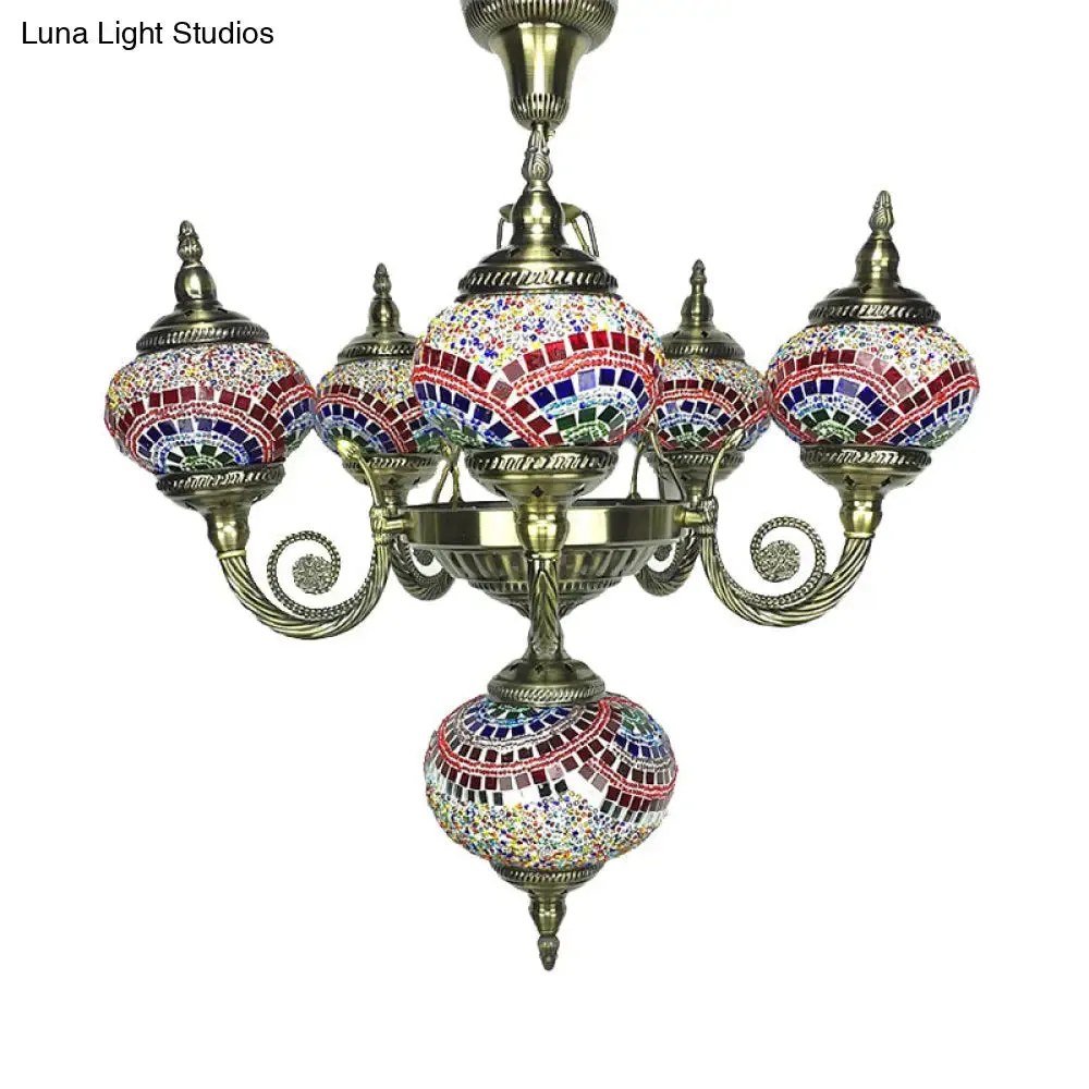 Curved Arm Pendant Chandelier: Traditional Red/Blue/Orange Red Glass, 6-Bulb Hanging Light Fixture for Coffee Shop