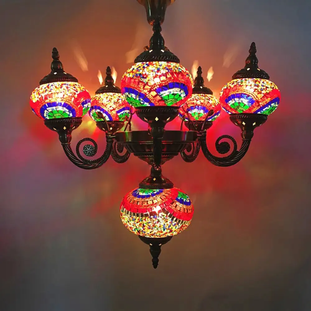 Curved Arm Pendant Chandelier: Traditional Red/Blue/Orange Red Glass, 6-Bulb Hanging Light Fixture for Coffee Shop