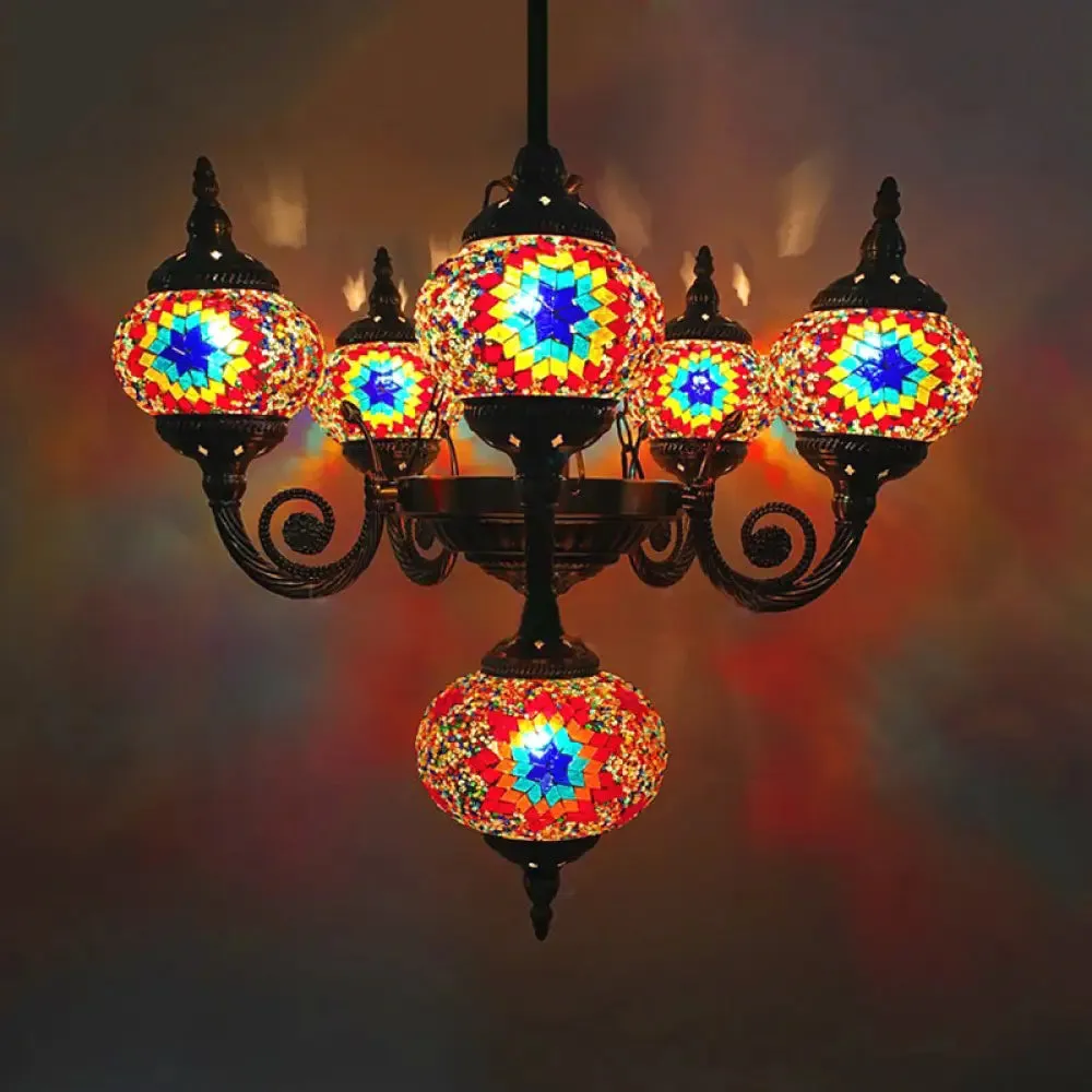 Curved Arm Pendant Chandelier: Traditional Red/Blue/Orange Red Glass, 6-Bulb Hanging Light Fixture for Coffee Shop