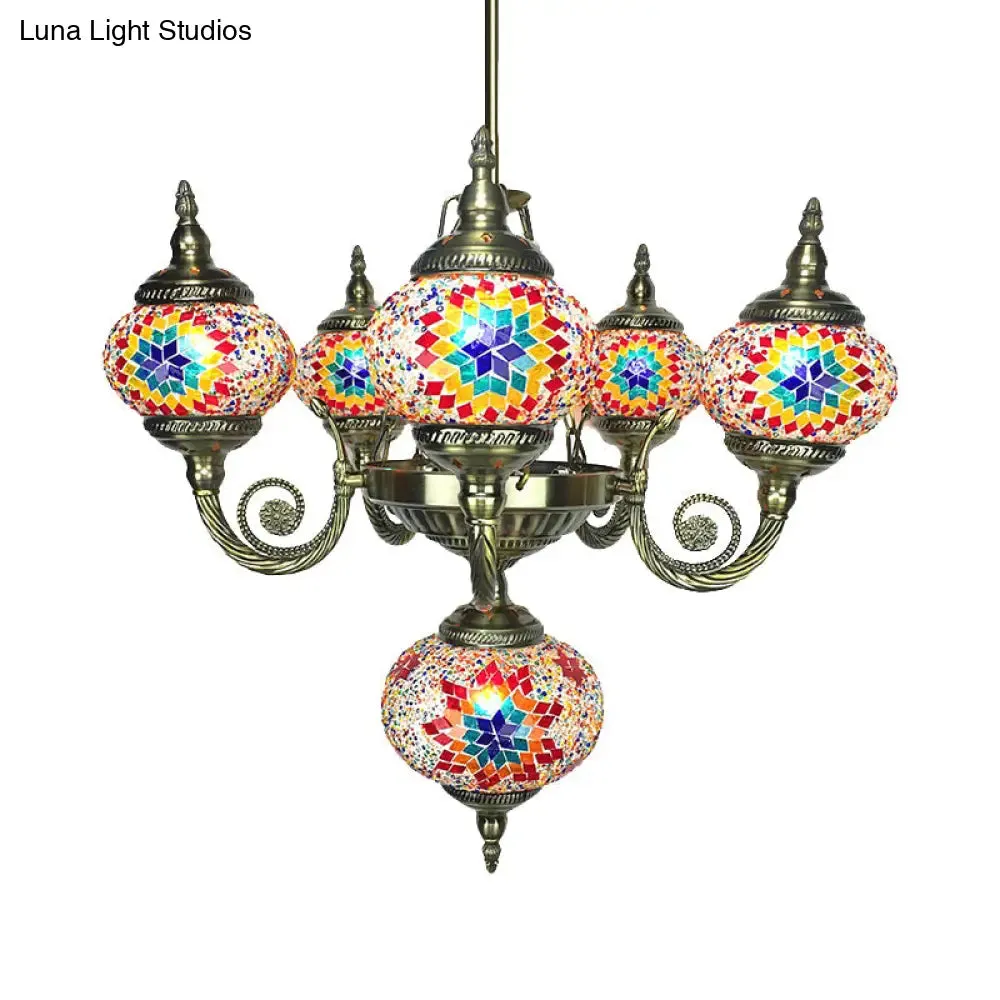 Curved Arm Pendant Chandelier: Traditional Red/Blue/Orange Red Glass, 6-Bulb Hanging Light Fixture for Coffee Shop