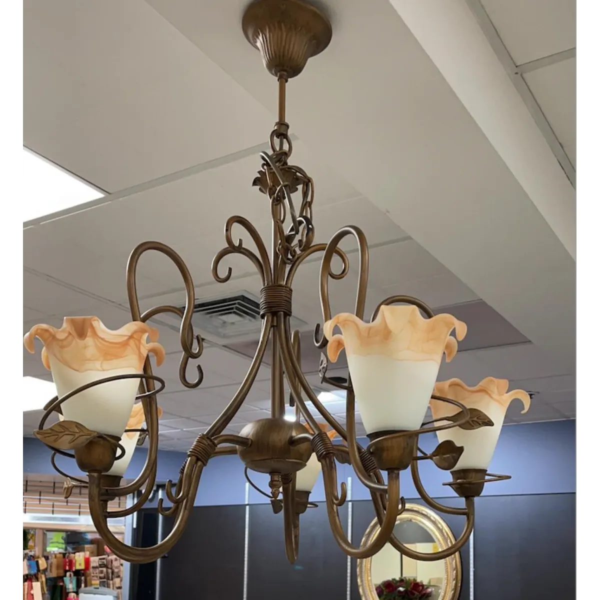 Decorative French Metal Uplighter Chandelier With Frosted Shades