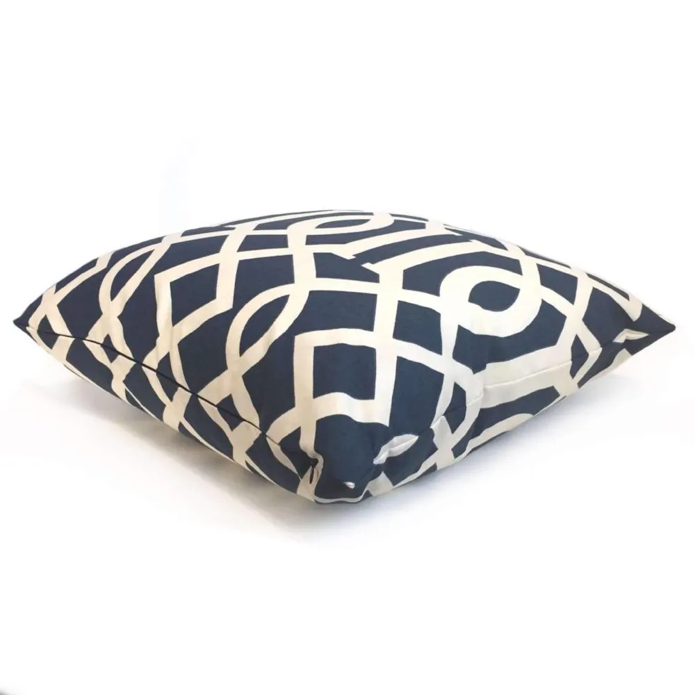 Designer Navy Blue Cream Trellis Lattice Cotton Print Pillow Cover