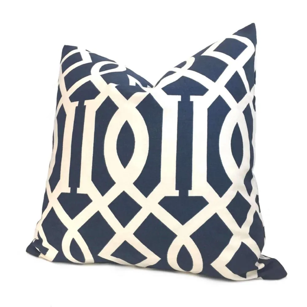 Designer Navy Blue Cream Trellis Lattice Cotton Print Pillow Cover