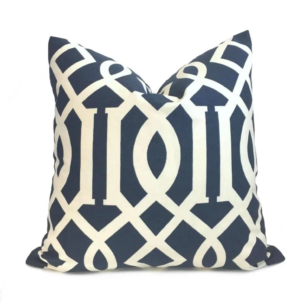 Designer Navy Blue Cream Trellis Lattice Cotton Print Pillow Cover