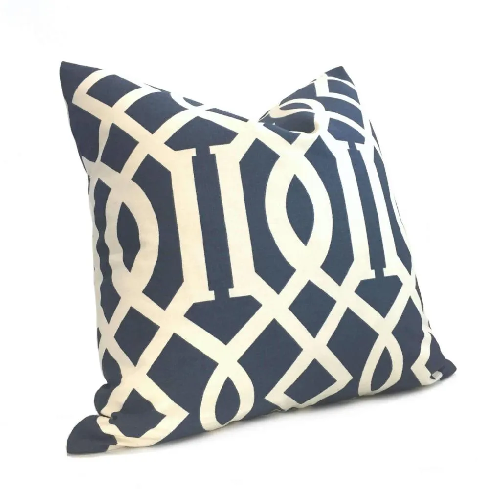 Designer Navy Blue Cream Trellis Lattice Cotton Print Pillow Cover