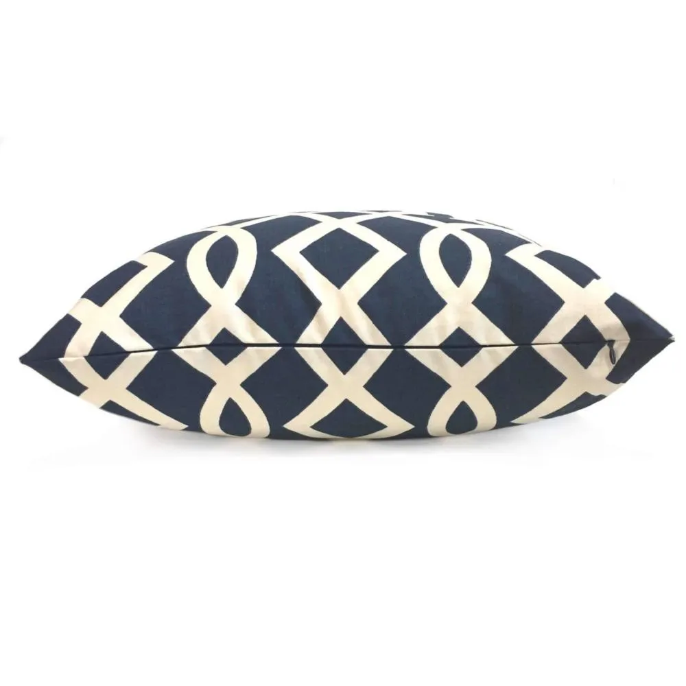 Designer Navy Blue Cream Trellis Lattice Cotton Print Pillow Cover