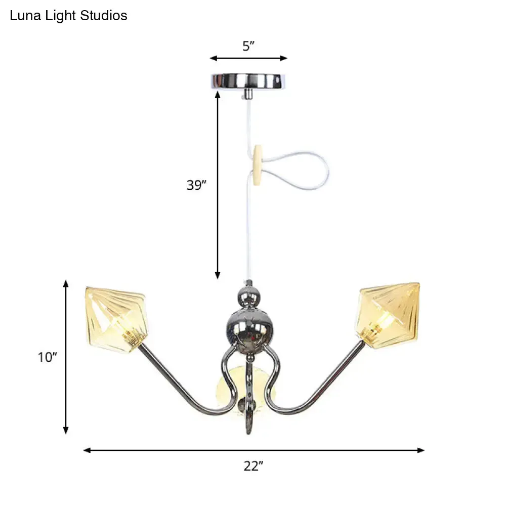 Diamond Pendant Lighting for Farmhouse with Amber/Clear Glass - 3 Lights - Chandelier Lamp in Black/Chrome