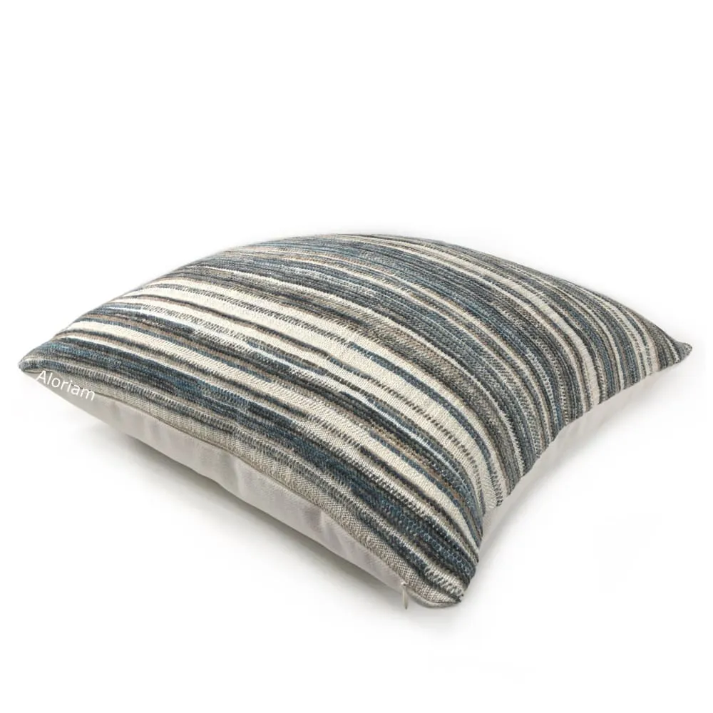 Dustin Brown Beige Teal Blue Textured Stripes Chenille Pillow Cover