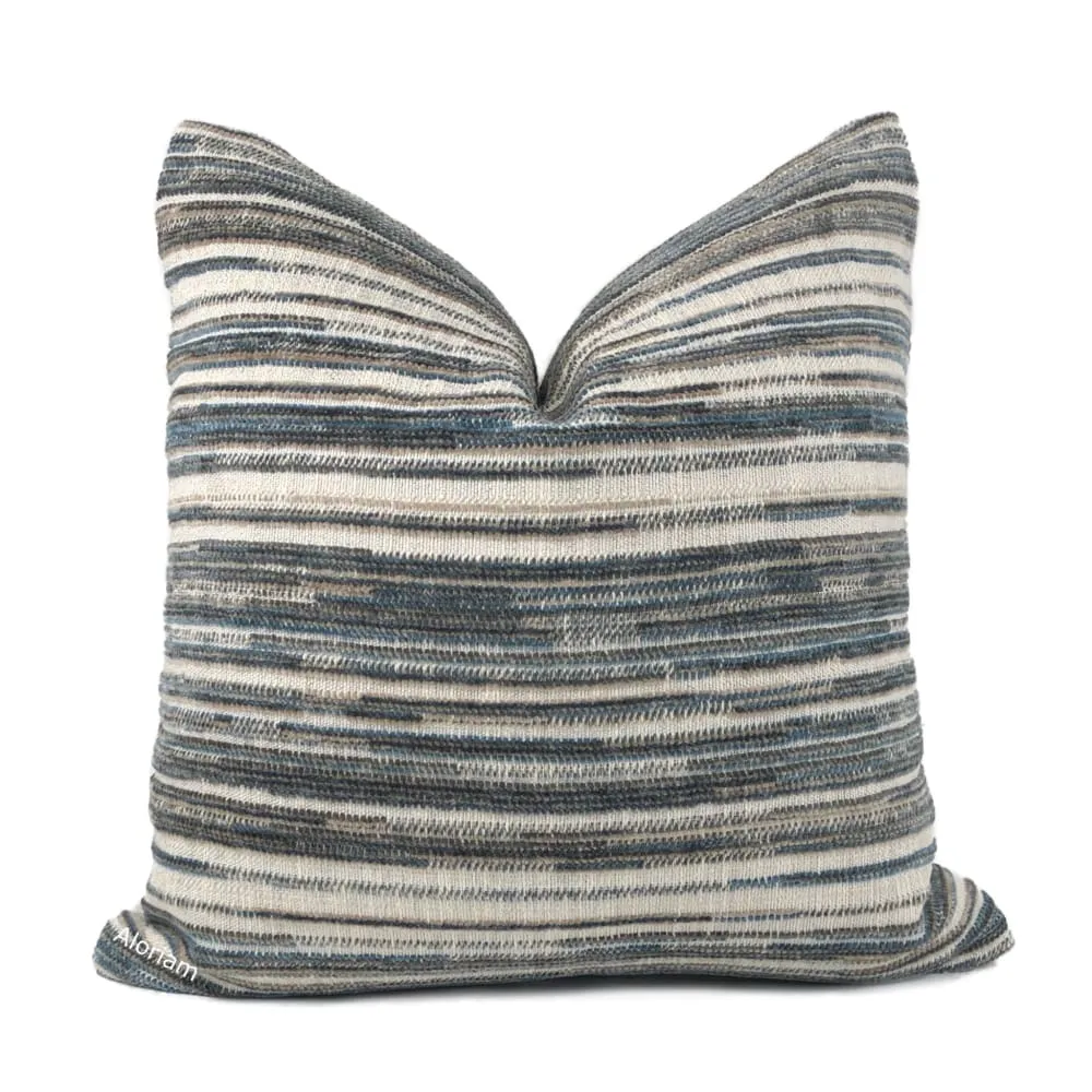 Dustin Brown Beige Teal Blue Textured Stripes Chenille Pillow Cover