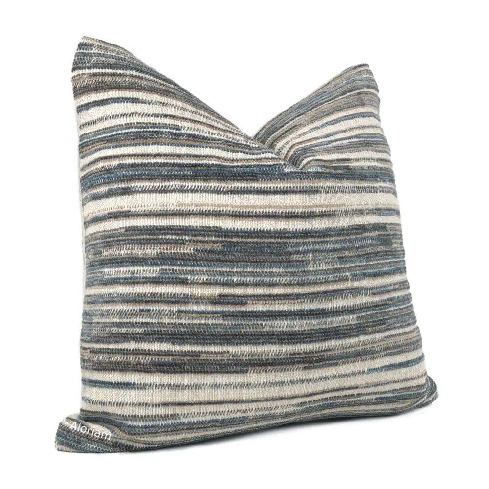 Dustin Brown Beige Teal Blue Textured Stripes Chenille Pillow Cover