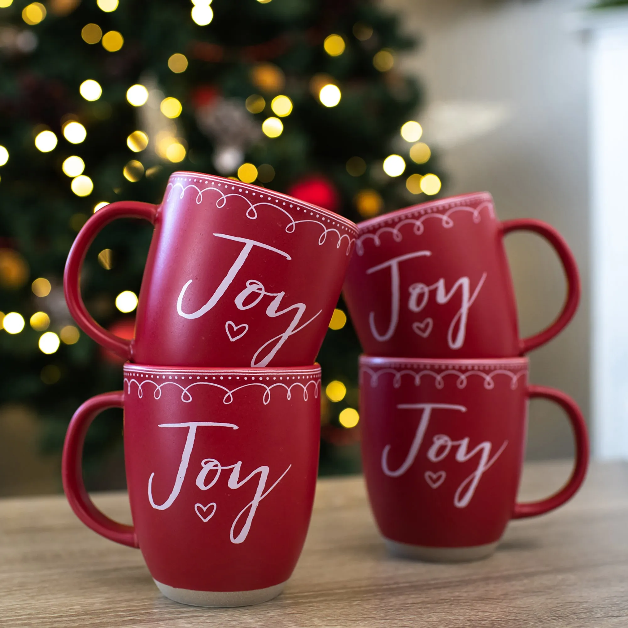 Elanze Designs Joy Raw Clay Bottom Red 13 ounce Ceramic Christmas Coffee Mugs Set of 4