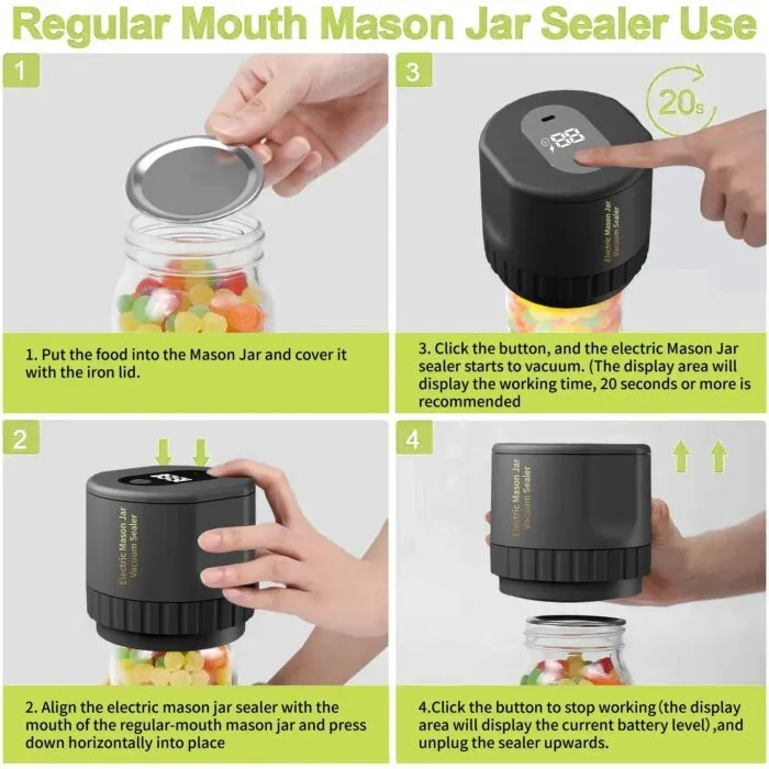 Electric Mason Jar Vacuum Sealer - Cordless Sealer Kit for Wide-Mouth and Regular-Mouth for Food Storage