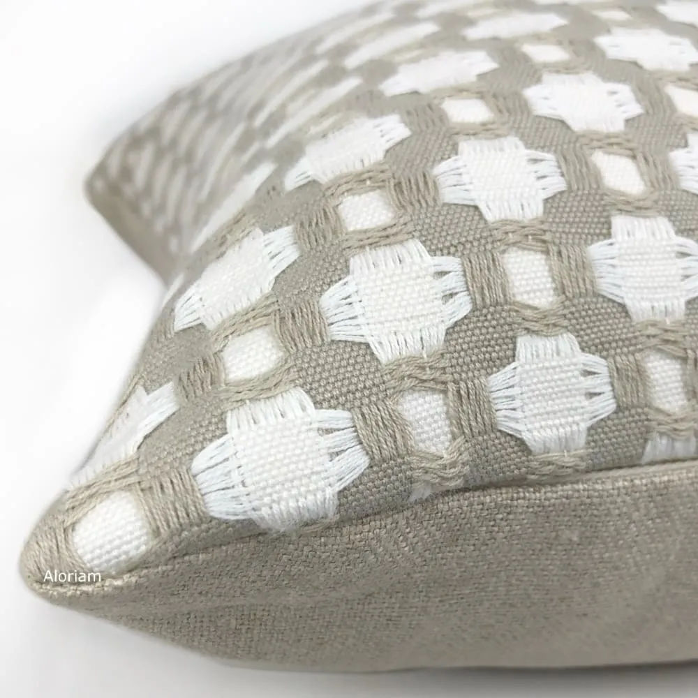 F Schumacher Betwixt Stone White Geometric Checks Pillow Cover