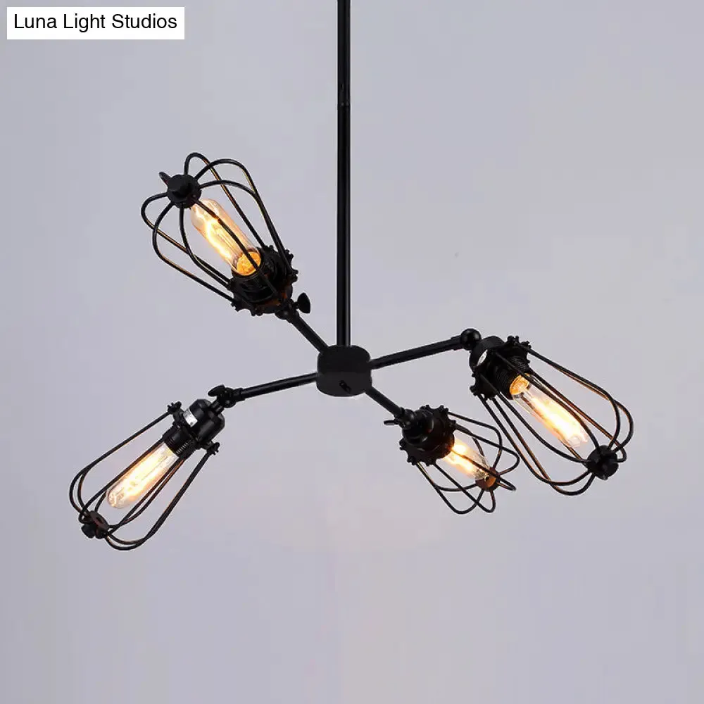 Farmhouse Chandelier Lamp: 4-Head Metal Hanging Light in Chrome/Black Finish