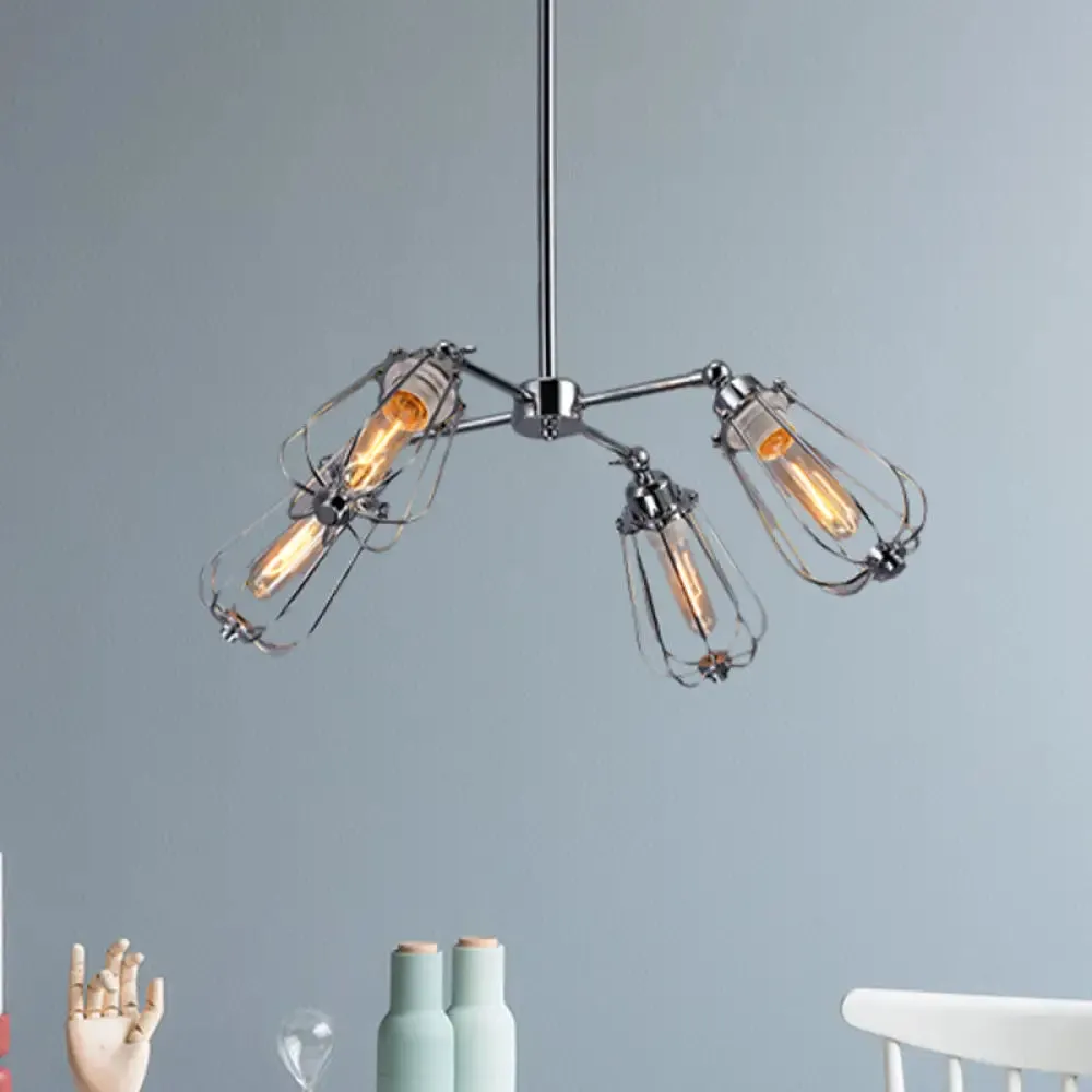 Farmhouse Chandelier Lamp: 4-Head Metal Hanging Light in Chrome/Black Finish