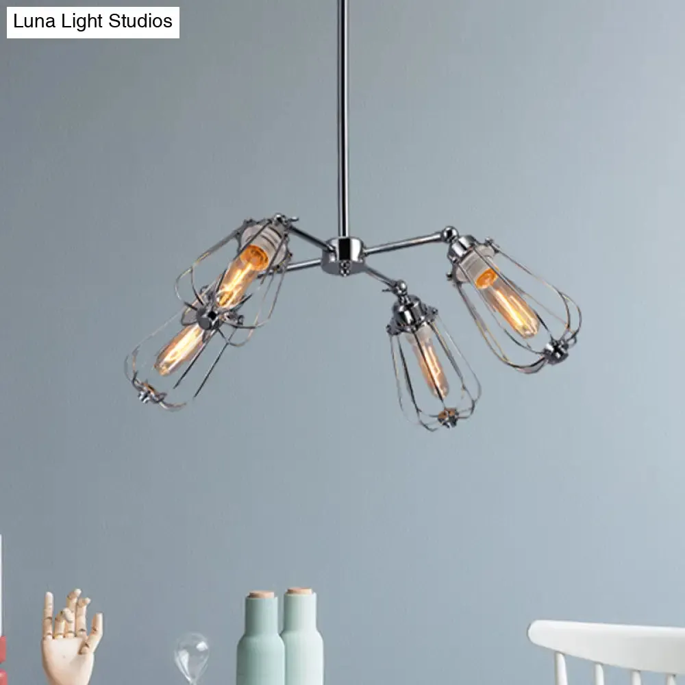 Farmhouse Chandelier Lamp: 4-Head Metal Hanging Light in Chrome/Black Finish