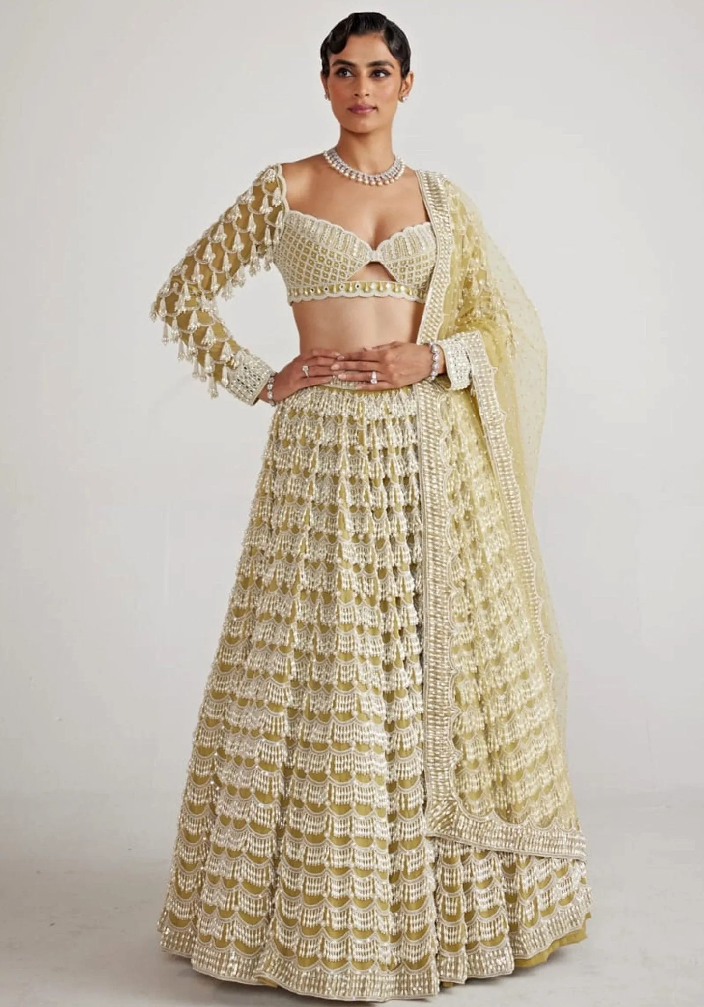 Fern Green Chandelier Pearl Bridal Lehenga Set