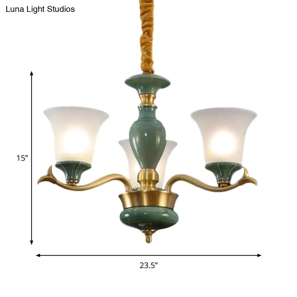 Frosted Glass Suspension Lighting - 3/6 Bulbs Countryside Green Chandelier for Guest Room