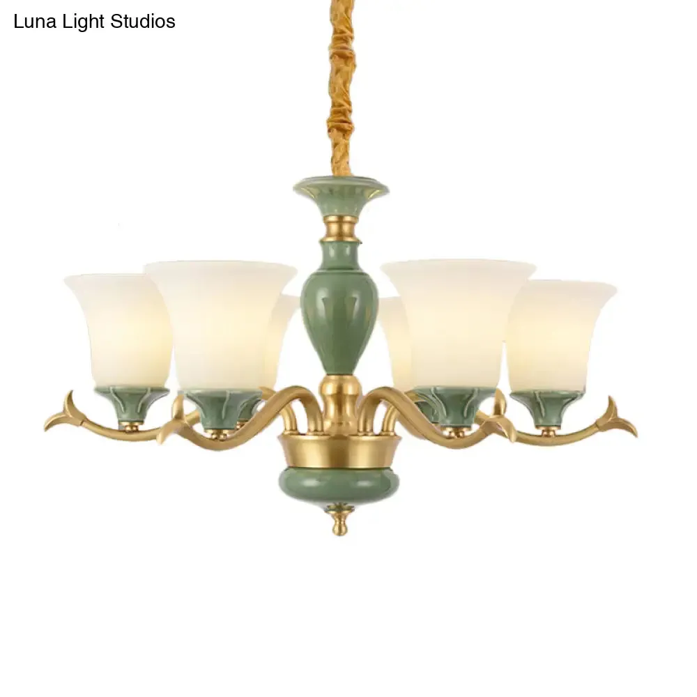 Frosted Glass Suspension Lighting - 3/6 Bulbs Countryside Green Chandelier for Guest Room