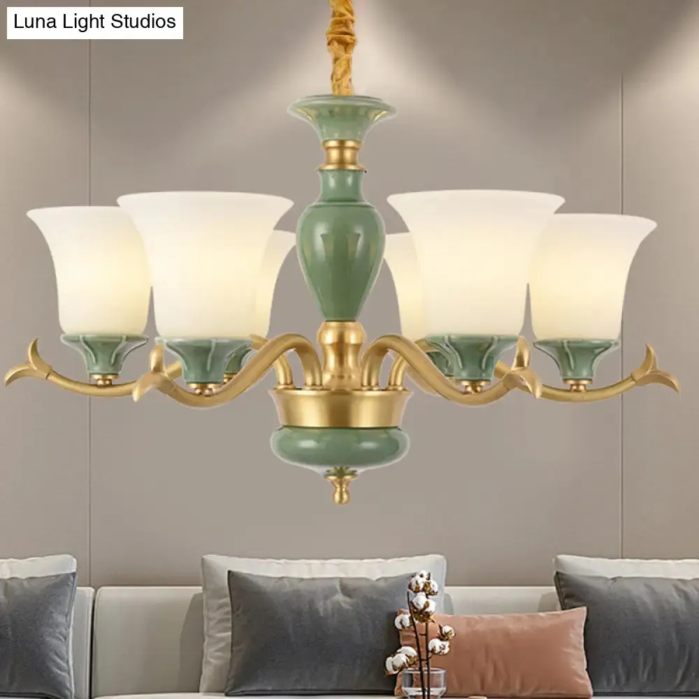 Frosted Glass Suspension Lighting - 3/6 Bulbs Countryside Green Chandelier for Guest Room