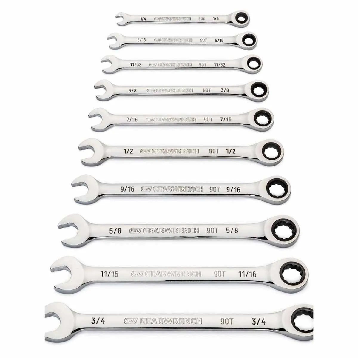 GearWrench 86958 10 Pc. 90-Tooth 12 Point SAE Combination Ratcheting Wrench Set