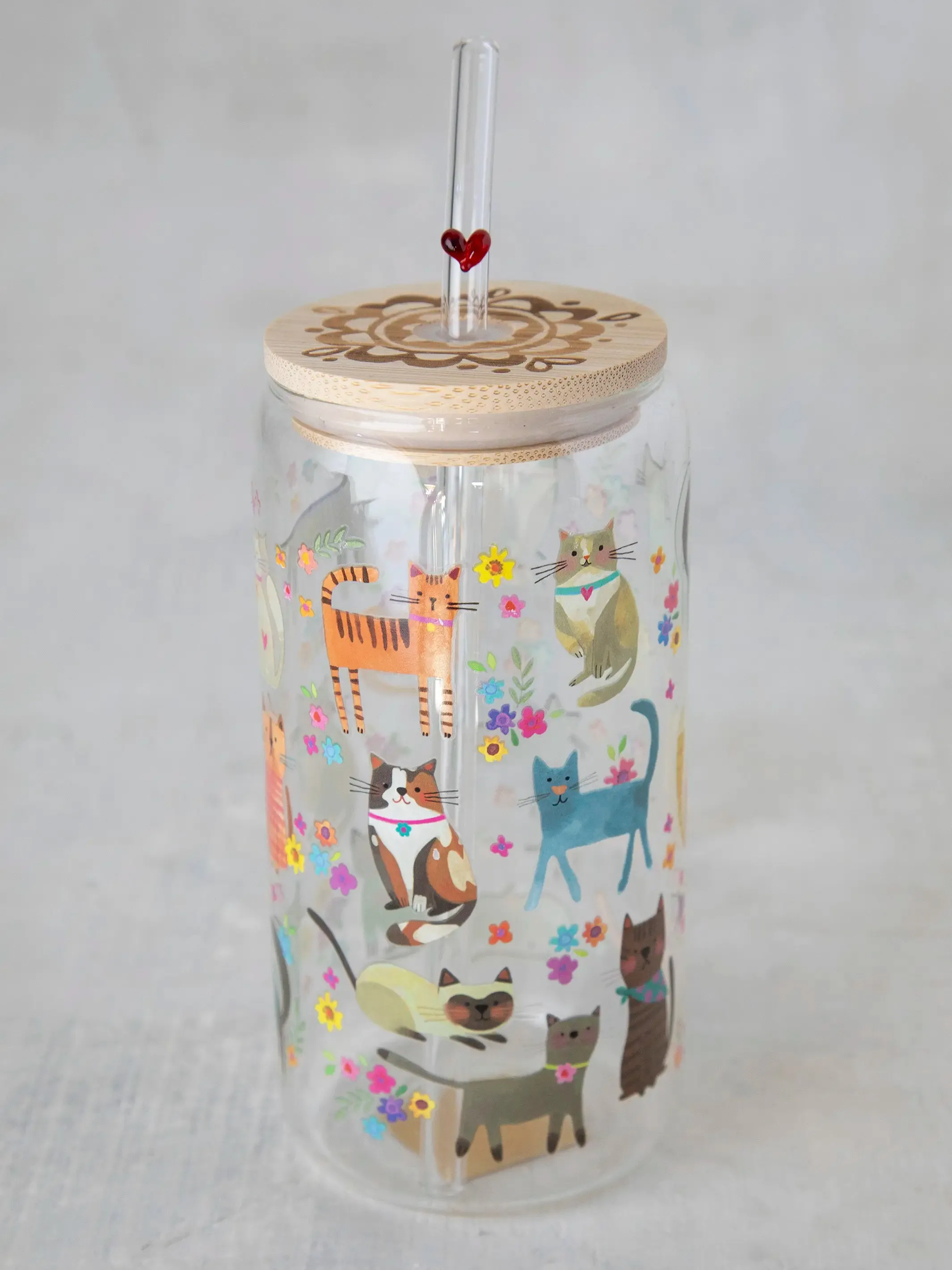 Glass Tumbler With Lid & Straw - Cat