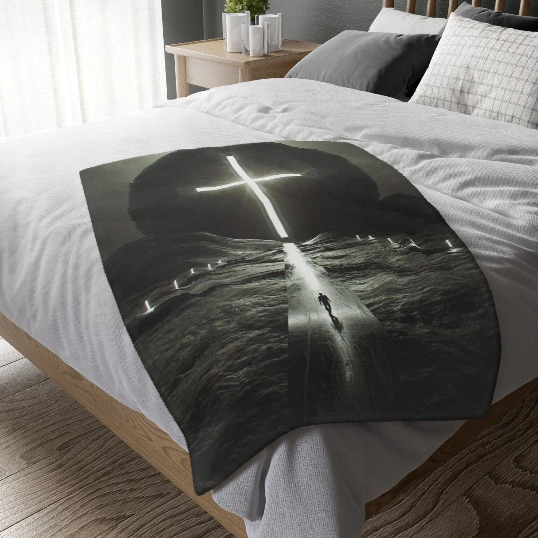 Glowing Christian Cross Reversible Velveteen Minky Blanket