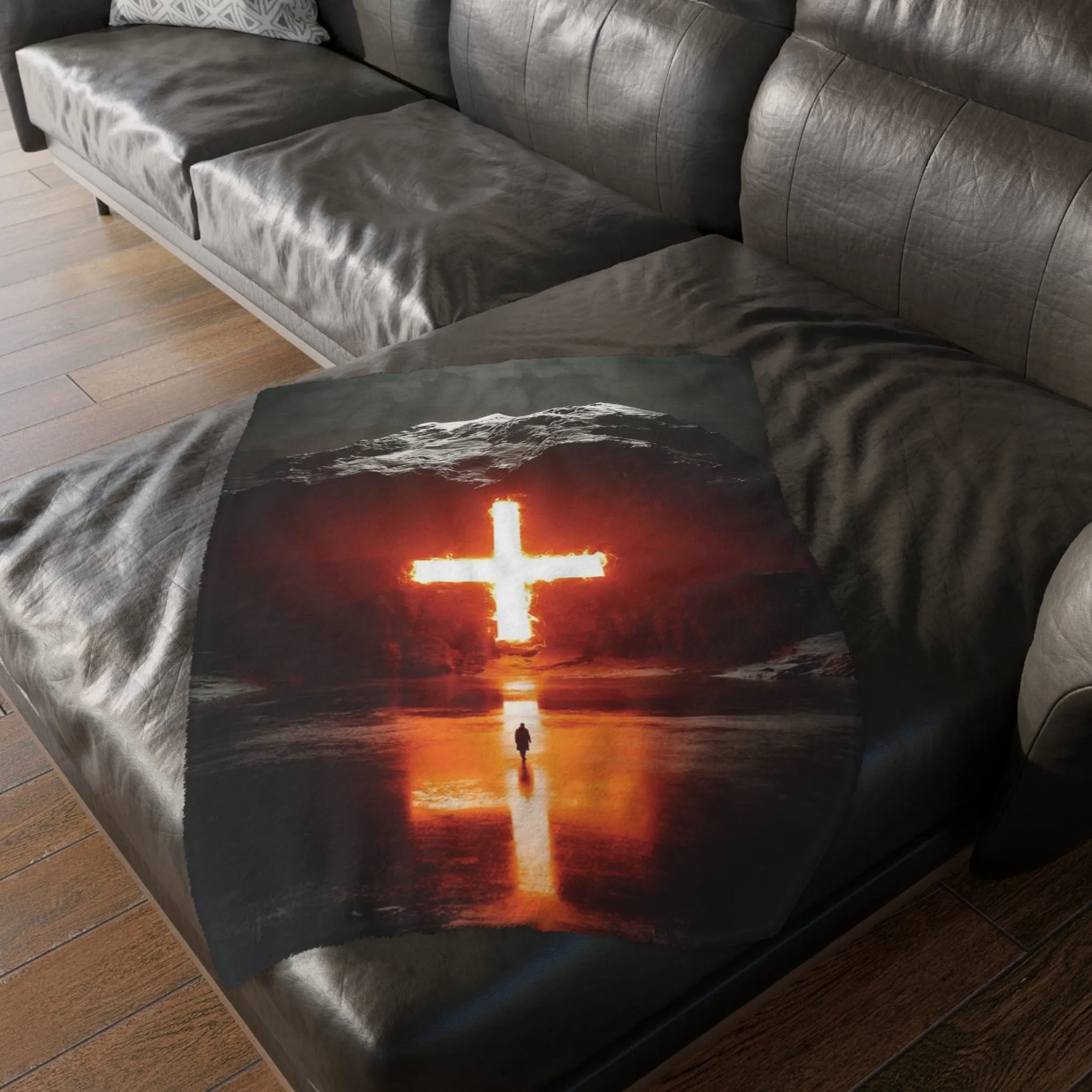 Glowing Christian Cross Reversible Velveteen Minky Blanket