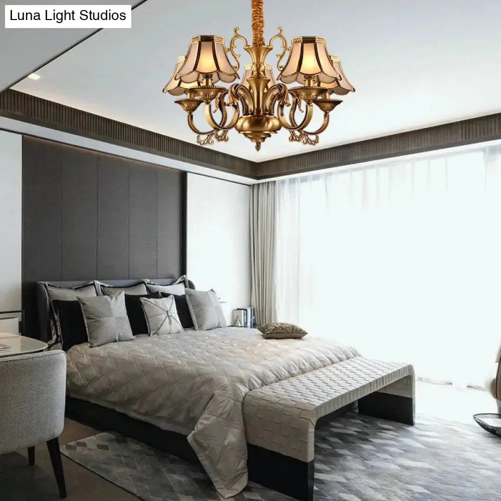 Gold Frosted Glass Pendant Chandelier with Scalloped Design and Colonial Styling - 3/5/6 Bulbs, Suspended Lighting Fixture