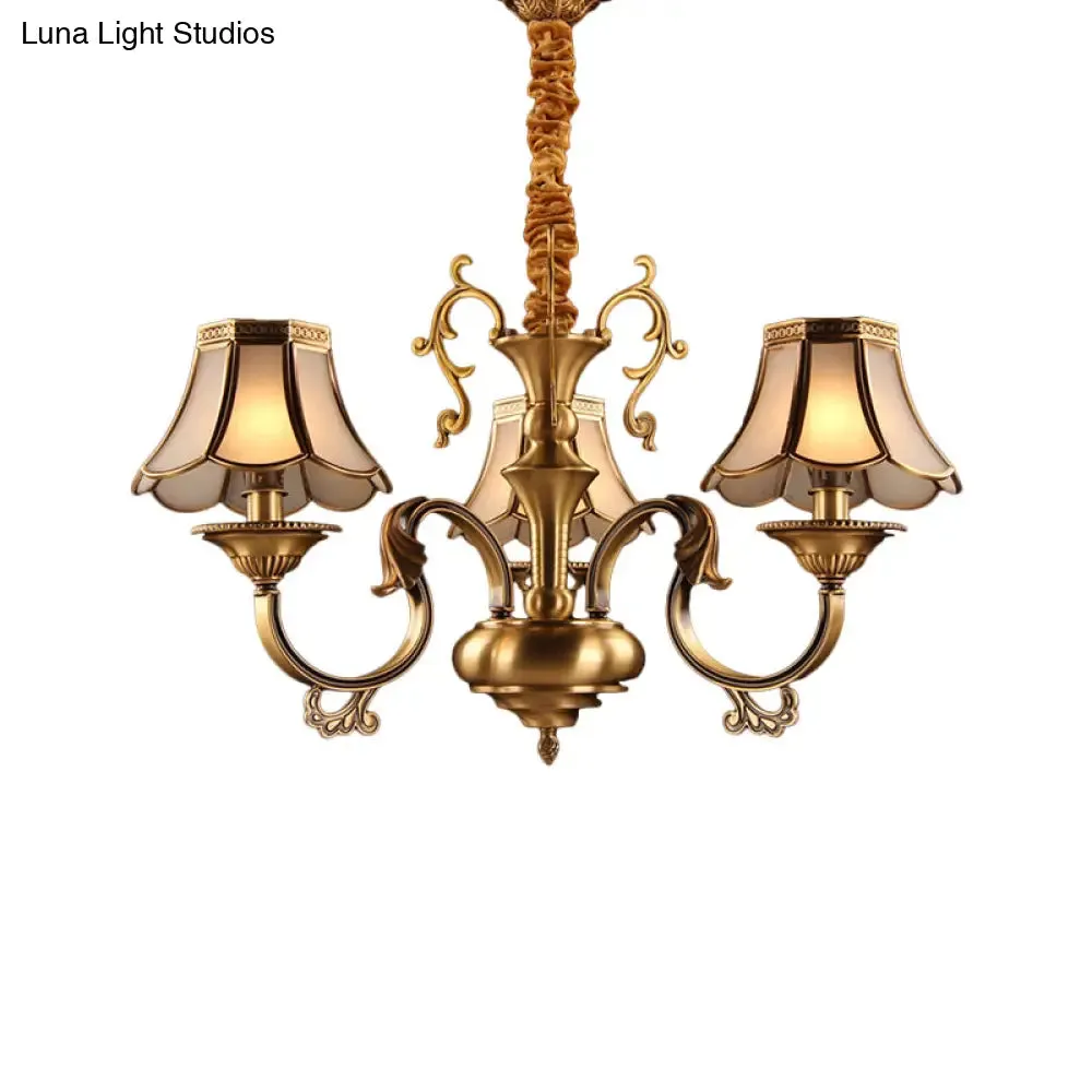 Gold Frosted Glass Pendant Chandelier with Scalloped Design and Colonial Styling - 3/5/6 Bulbs, Suspended Lighting Fixture