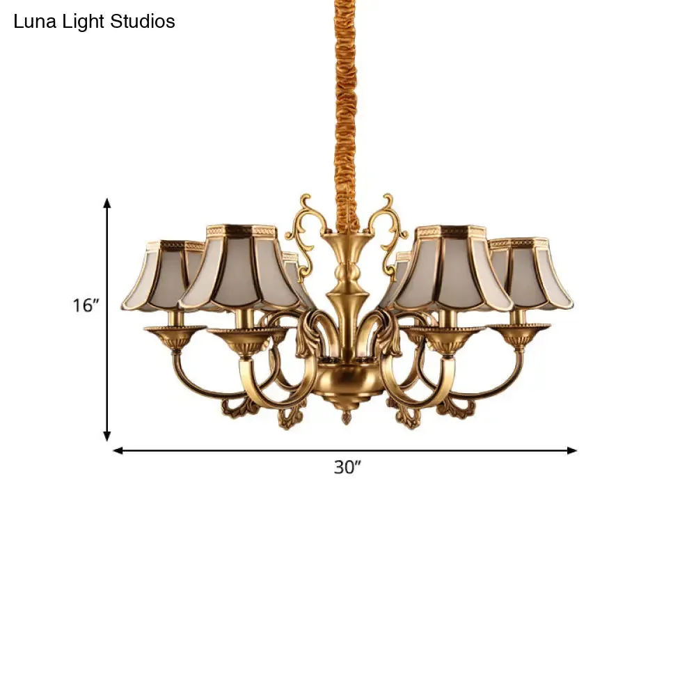 Gold Frosted Glass Pendant Chandelier with Scalloped Design and Colonial Styling - 3/5/6 Bulbs, Suspended Lighting Fixture